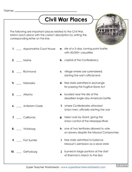 Worksheets - Civil War Locations Matching (Printable PDF Worksheet)
