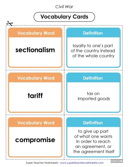 Vocabulary Cards - Civil War Terms (Printable PDF Worksheet)