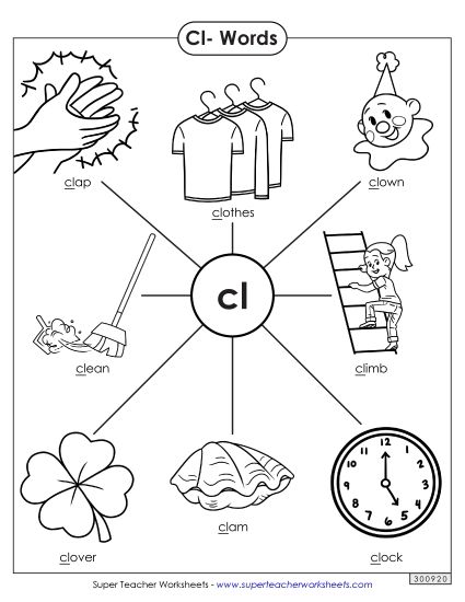 Phonics Blends and Digraphs - Cl- Words (Printable PDF Worksheet)