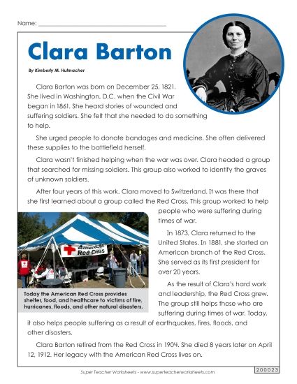 Reading Comprehension - Clara Barton (Biographical Article) (Printable PDF Worksheet)