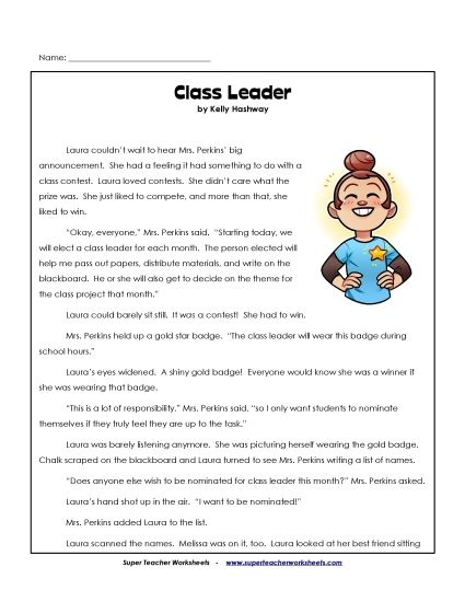 Fiction Stories - Class Leader (Fiction) (Printable PDF Worksheet)