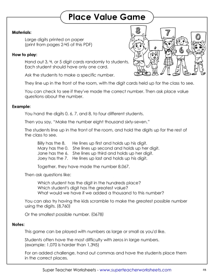 Decimal Place Value - Classroom Place Value Game: Digits (Printable PDF Worksheet)