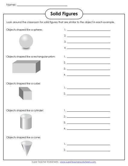 Identifying Shapes - Classroom Solids (Printable PDF Worksheet)