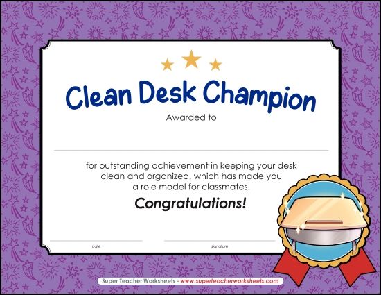 More School Awards - Clean Desk Champion (Printable PDF Worksheet)