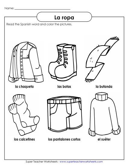 Clothing (Las ropas) - Clothing Pictures 2 (Printable PDF Worksheet)