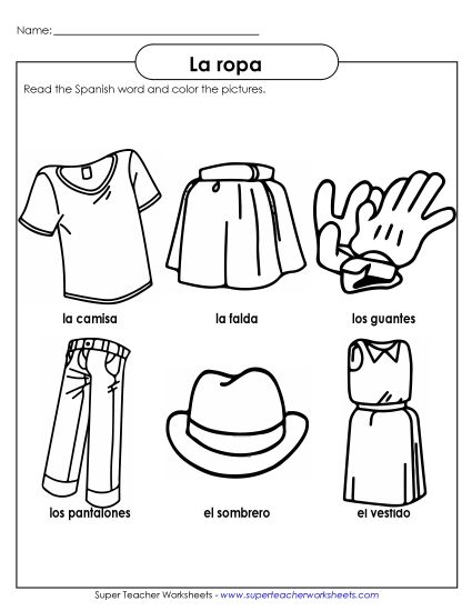 Clothing (Las ropas) - Clothing Pictures (Printable PDF Worksheet)