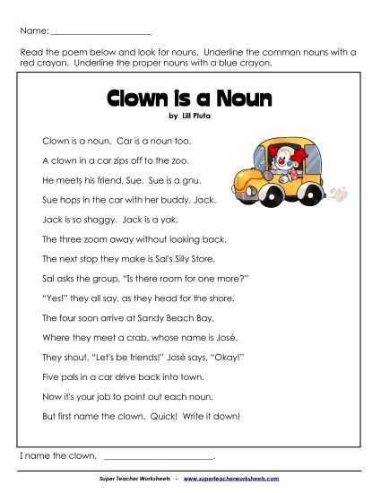 Grammar Poems - Clown is a Noun (Printable PDF Worksheet)