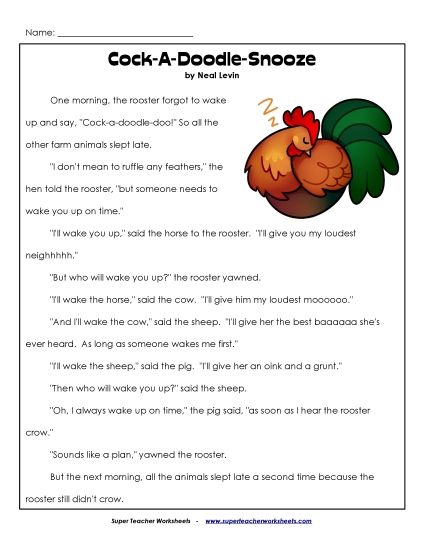 Fiction - Cock-A-Doodle-Snooze (Printable PDF Worksheet)