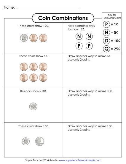 Worksheets - Coin Combinations (Printable PDF Worksheet)