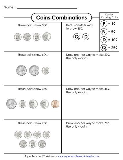 Coins Only (No Bills) - Coin Combinations (Printable PDF Worksheet)