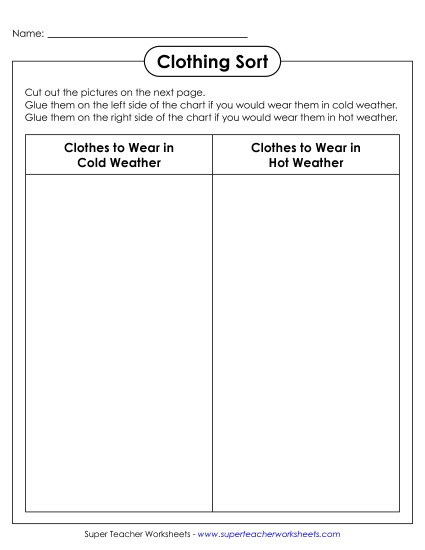 Worksheets - Cold & Hot Weather Clothing Sort (Cut & Glue) (Printable PDF Worksheet)