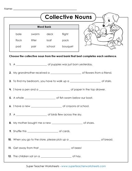 Collective Nouns - Collective Noun Cloze Sentences (Printable PDF Worksheet)
