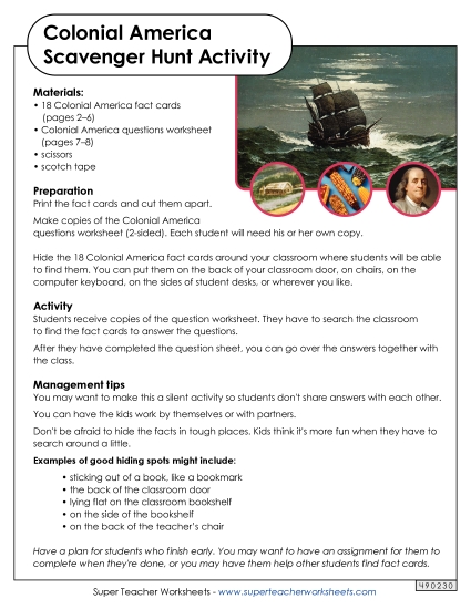 Worksheets and Activities - Colonial America Scavenger Hunt Activity (Printable PDF Worksheet)