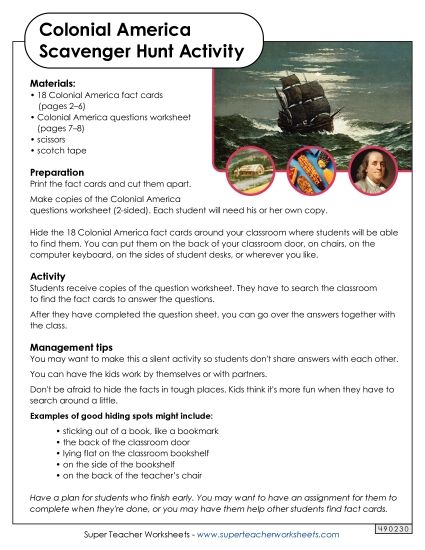 Colonial America Scavenger Hunt (Printable PDF Worksheet)