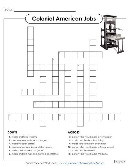 Worksheets and Activities - Colonial American Jobs Crossword (Printable PDF Worksheet)