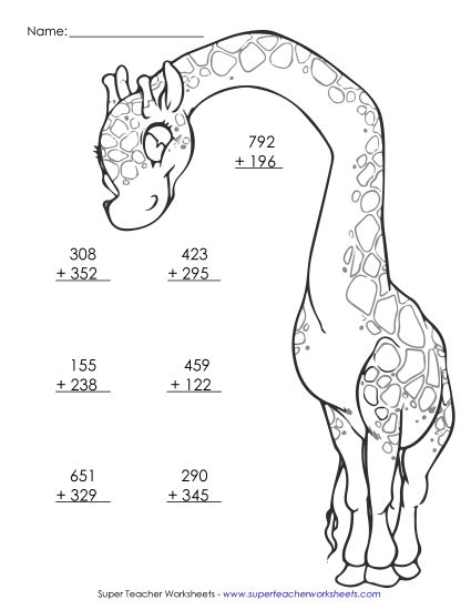 Addition (3-Digit Addends) - Color and Add: Giraffe (3-Digits) (Printable PDF Worksheet)