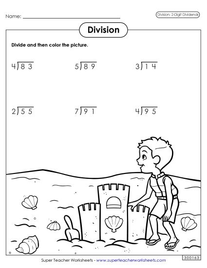 2-Digit Dividends (Remainders) - Color and Divide: Sandcastle Division Problems (Printable PDF Worksheet)
