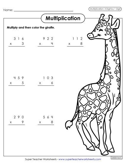 3-Digit Times 1-Digit Printables - Color and Multiply: Giraffe (Printable PDF Worksheet)