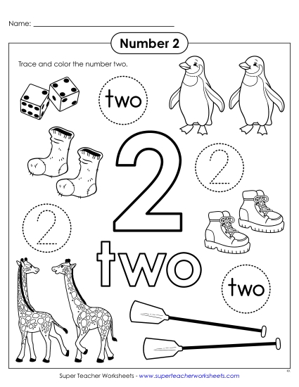 Number Two - Color & Trace: Number 2 (Printable PDF Worksheet)