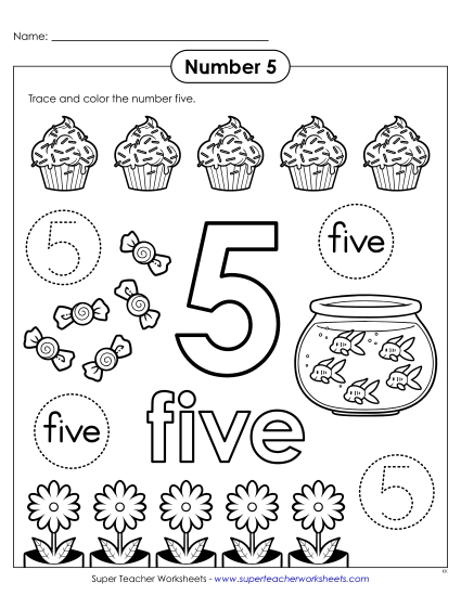 Number Five - Color & Trace: Number 5 (Printable PDF Worksheet)