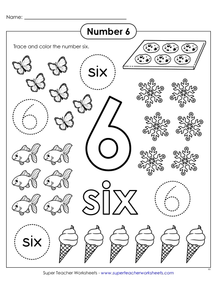 Number Six - Color & Trace: Number 6 (Printable PDF Worksheet)