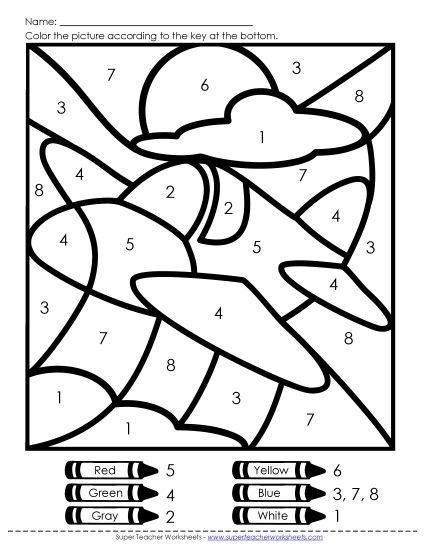 Year-Round - Color-by-Number - Airplane (Printable PDF Worksheet)