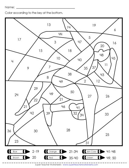 Year-Round - Color-by-Number: Athletes (Numbers to 50) (Printable PDF Worksheet)