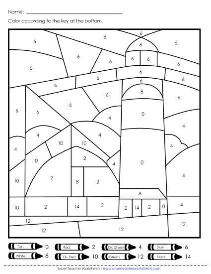 Year-Round - Color-by-Number - Farm or Lighthouse (Printable PDF Worksheet)