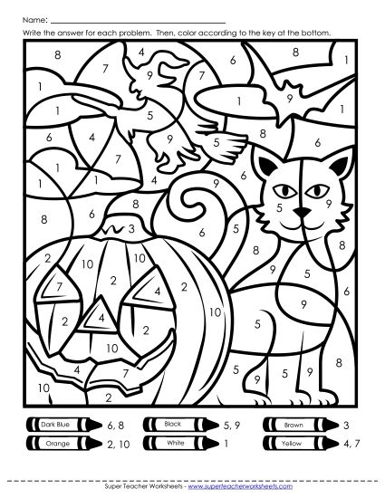 Counting & Color-by-Number - Color-by-Number: Halloween Scene (Printable PDF Worksheet)