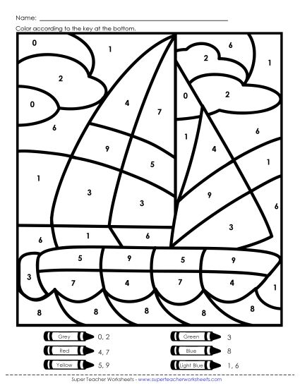 Year-Round - Color-by-Number - Sailboat (Printable PDF Worksheet)