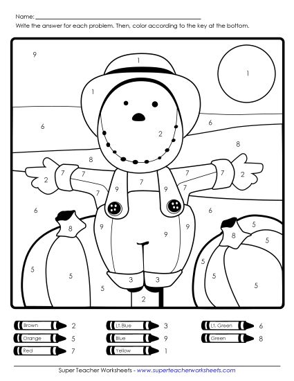 Coloring Pages - Color-by-Number: Scarecrow (Printable PDF Worksheet)