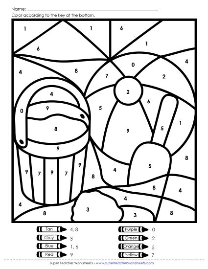 More Summer Math - Color-by-Number: Summer Beach Scene (Printable PDF Worksheet)