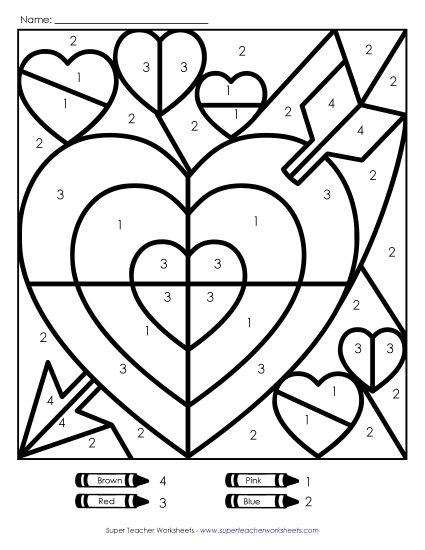 Other Math Worksheets - Color-by-Number: Valentine Mystery Picture (Printable PDF Worksheet)