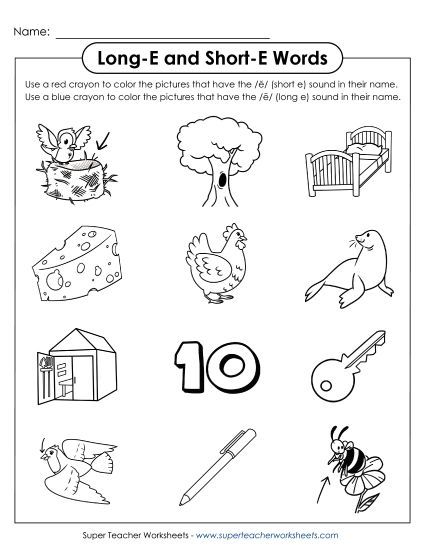Color Long E and Short E Words (Printable PDF Worksheet)