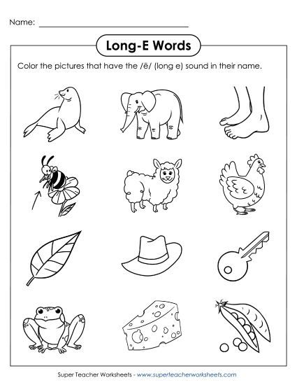 Worksheets - Color Long E Pictures (Printable PDF Worksheet)