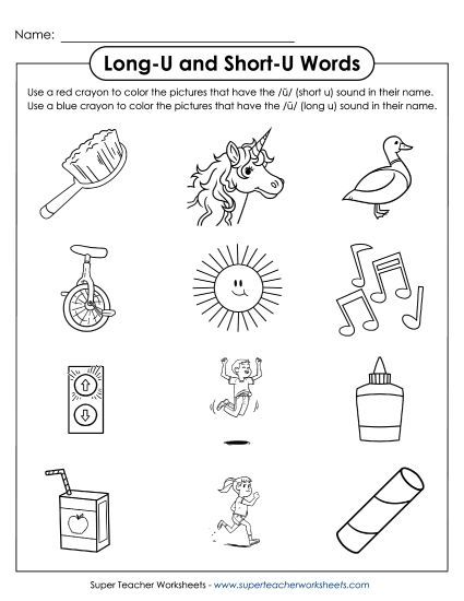 Color Long U and Short U Words (Printable PDF Worksheet)