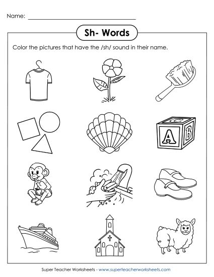 Worksheets - Color SH Pictures (Printable PDF Worksheet)