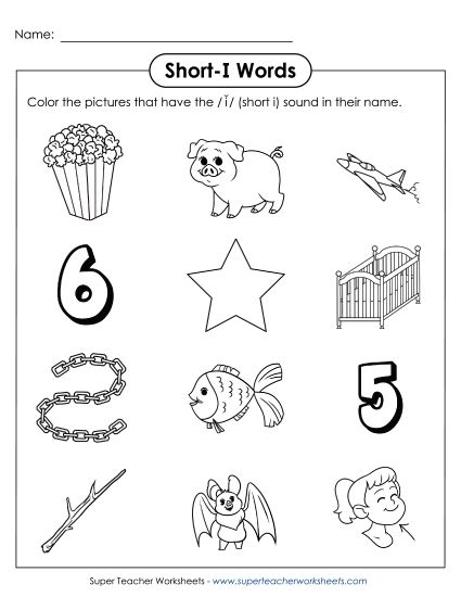 Worksheets - Color Short I Pictures (Printable PDF Worksheet)