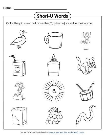 Worksheets - Color Short U Pictures (Printable PDF Worksheet)