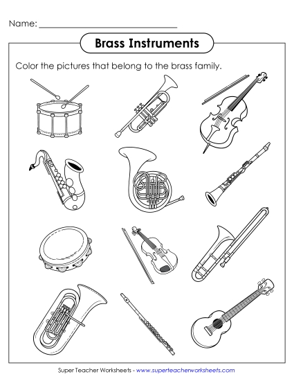 Worksheets - Color the Brass Family Instruments (Printable PDF Worksheet)