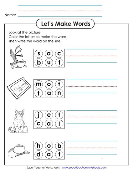 Worksheets - Color the Letters & Write (-at) (Printable PDF Worksheet)