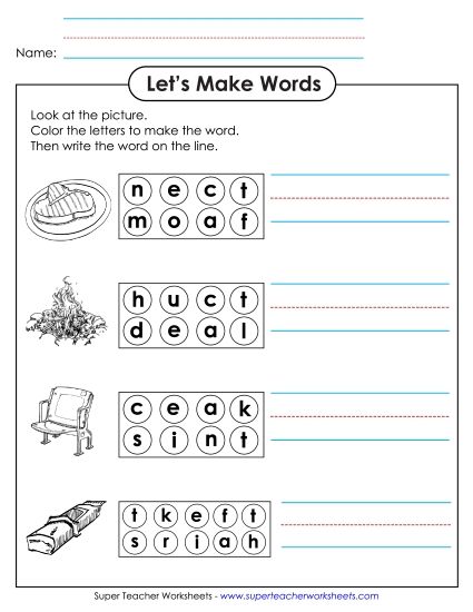 Worksheets - Color the Letters & Write (-eat) (Printable PDF Worksheet)