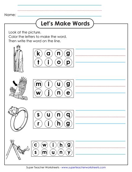 Worksheets - Color the Letters & Write (-ing) (Printable PDF Worksheet)