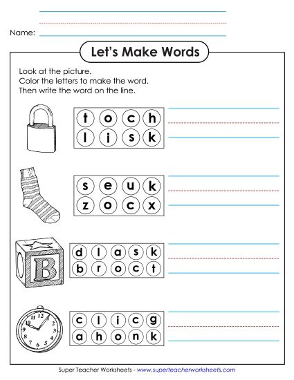 Worksheets - Color the Letters & Write (-ock) (Printable PDF Worksheet)