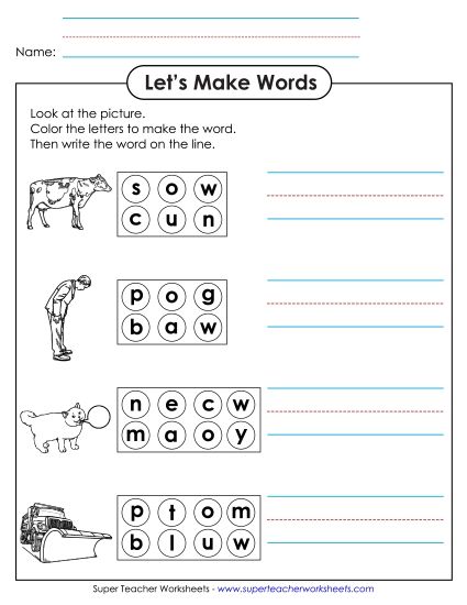 /ow/ Sound (as in Cow) - Color the Letters & Write (-ow) (Printable PDF Worksheet)