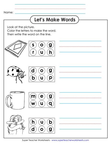 Worksheets - Color the Letters & Write (-ug) (Printable PDF Worksheet)