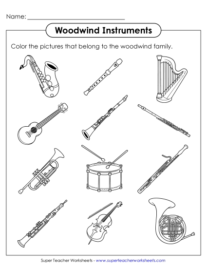 Worksheets - Color the Woodwind Instruments (Printable PDF Worksheet)
