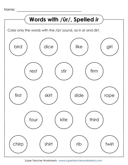 Worksheets - Color the Word: /ûr/ Spelled <i>ir</i> (Printable PDF Worksheet)