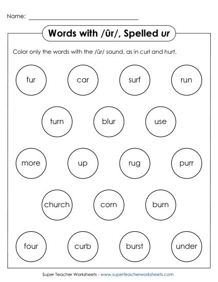 Worksheets - Color the Word: /ûr/ Spelled <i>ur</i> (Printable PDF Worksheet)