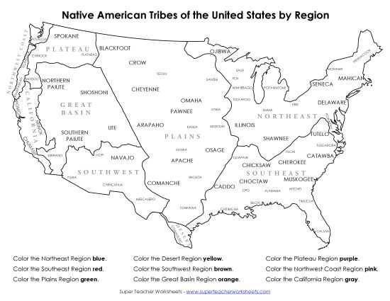 Maps - Coloring Map - Native American Tribes by Region (Printable PDF Worksheet)